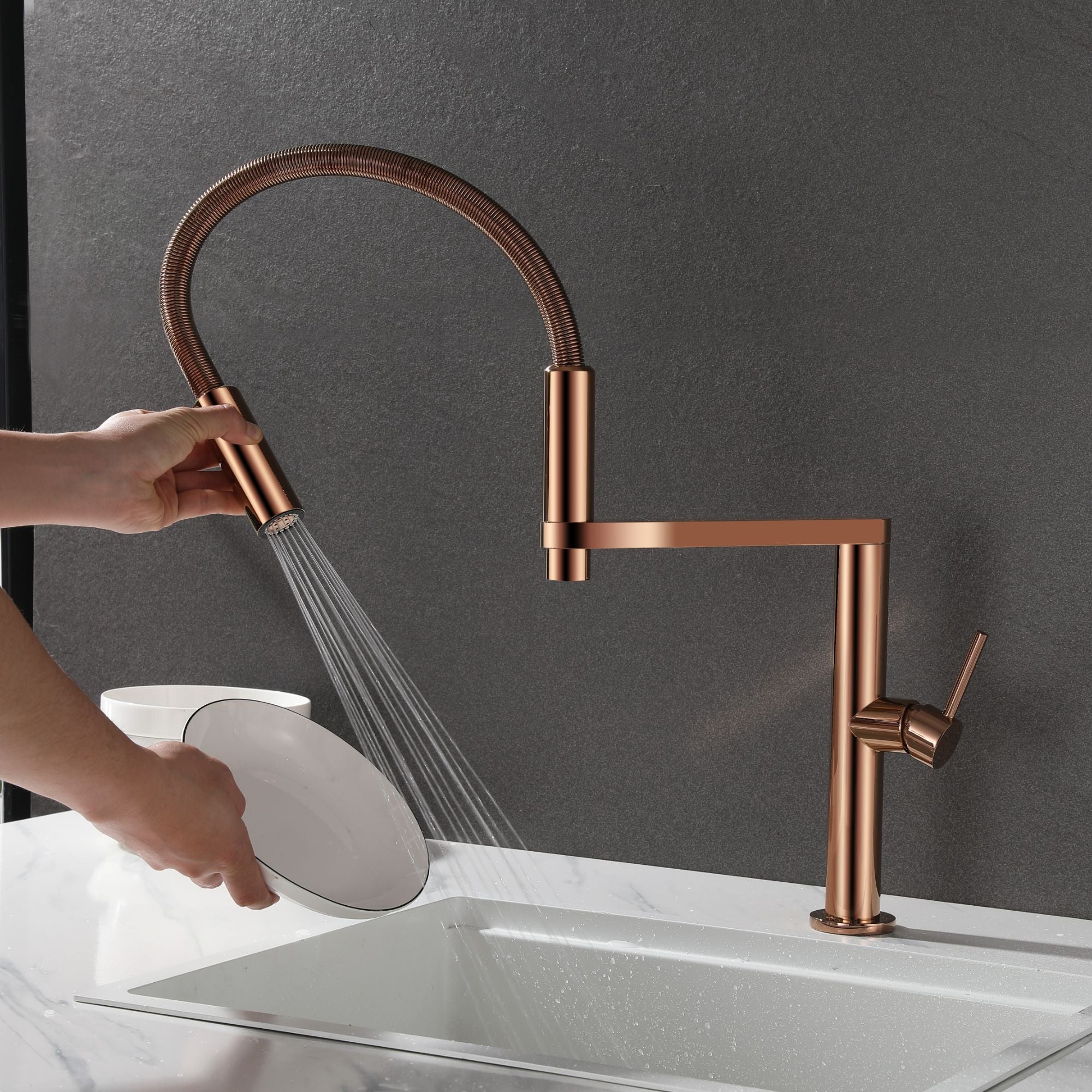 Rose Gold Magnetic Kitchen Faucet with High Arc and Dual Spray Function