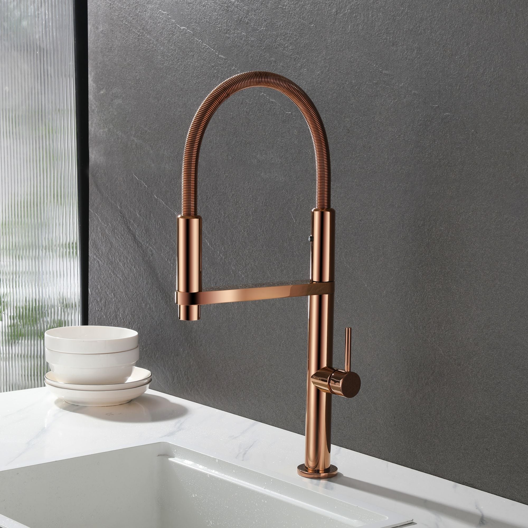 Rose Gold Magnetic Kitchen Faucet with High Arc and Dual Spray Function