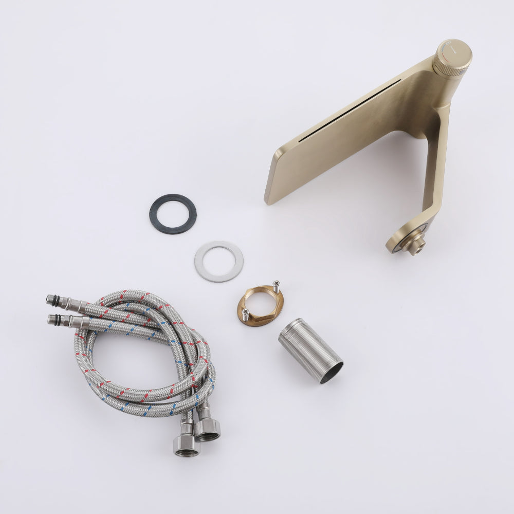 Brushed Gold Stainless Steel Waterfall Bathroom Faucet Featuring Storage Panel