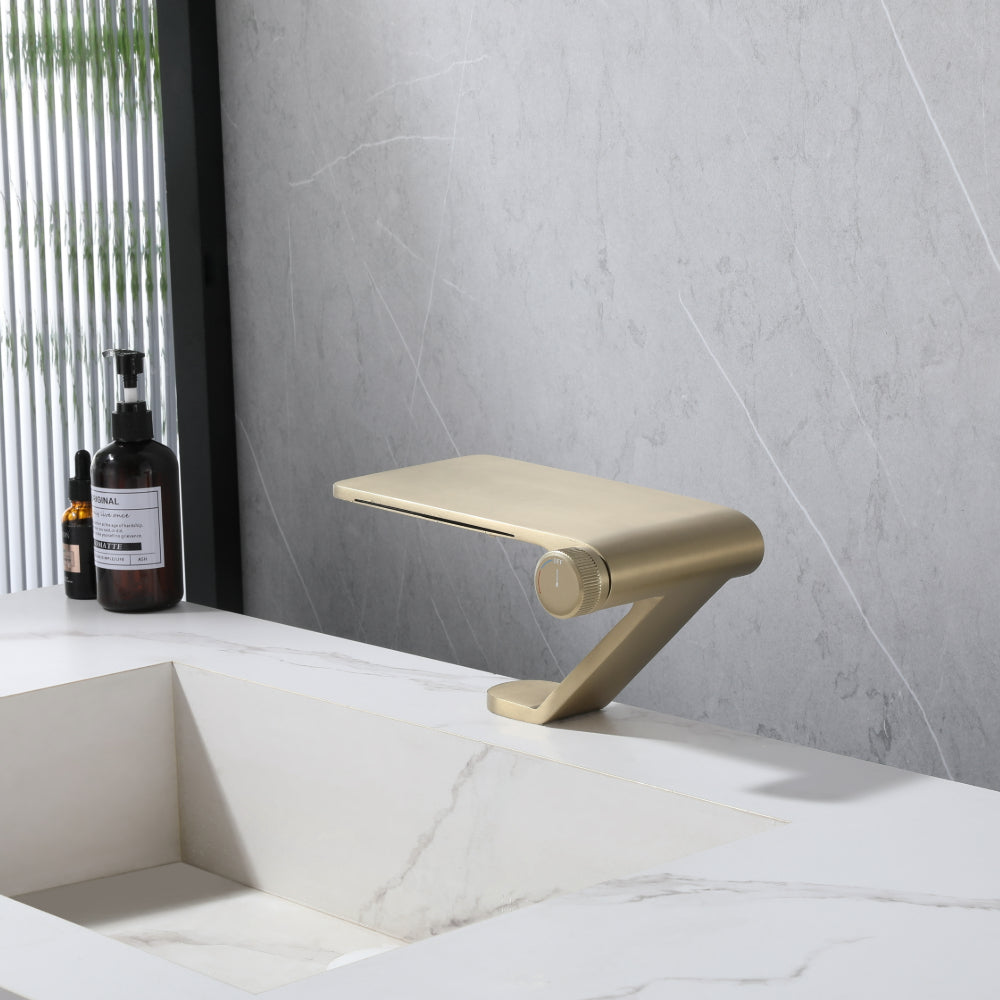 Brushed Gold Stainless Steel Waterfall Bathroom Faucet Featuring Storage Panel