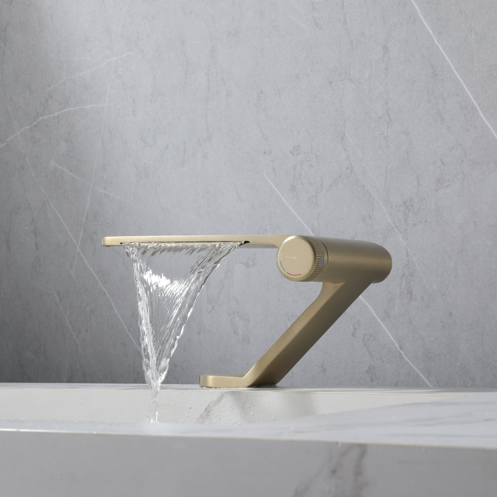 Brushed Gold Stainless Steel Waterfall Bathroom Faucet Featuring Storage Panel