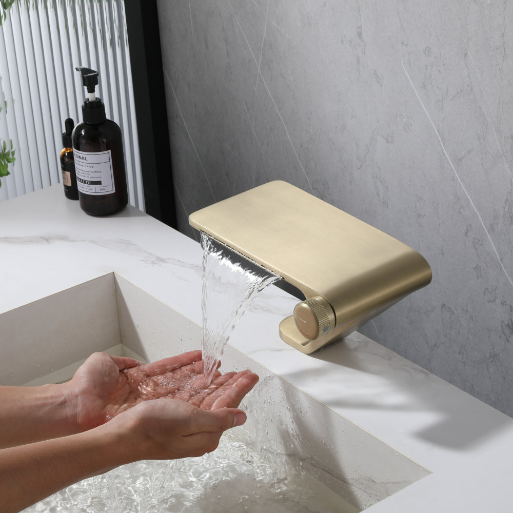 Brushed Gold Stainless Steel Waterfall Bathroom Faucet Featuring Storage Panel