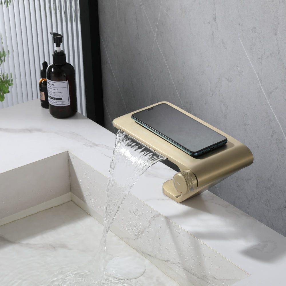 Brushed Gold Stainless Steel Waterfall Bathroom Faucet Featuring Storage Panel