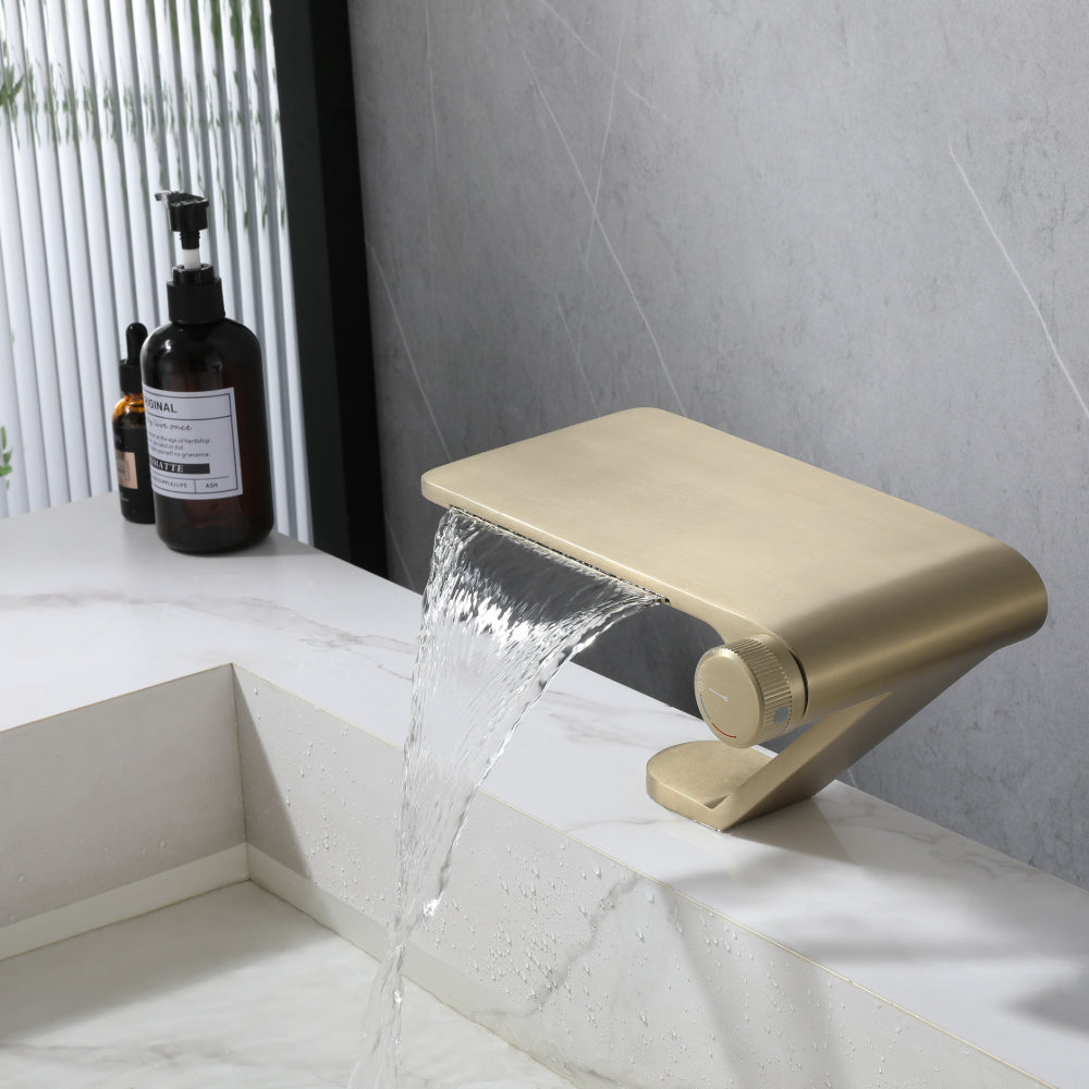 Brushed Gold Stainless Steel Waterfall Bathroom Faucet Featuring Storage Panel