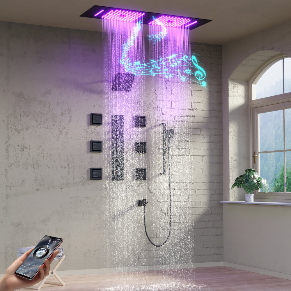 35" Smart Wall-Mounted Bluetooth Shower System with Thermostatic Control and Multi-Function Nozzles