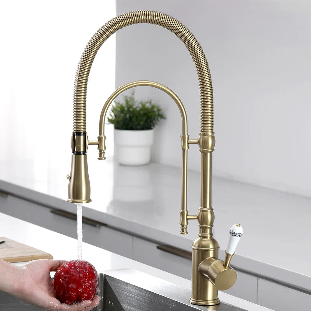 Solid Brass Kitchen Faucet with High Arc, Dual-Mode Pull-Down and Porcelain Handle