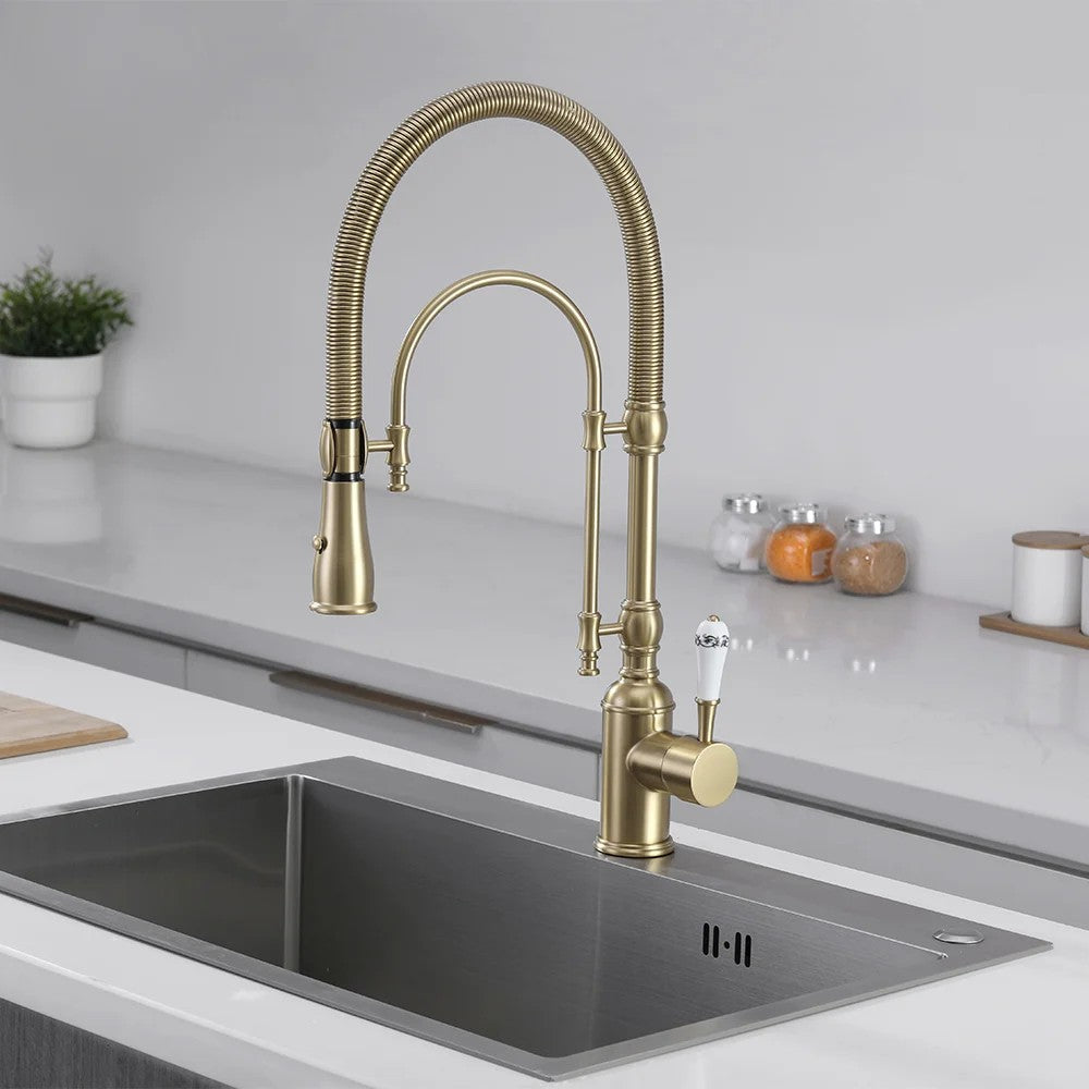 Solid Brass Kitchen Faucet with High Arc, Dual-Mode Pull-Down and Porcelain Handle