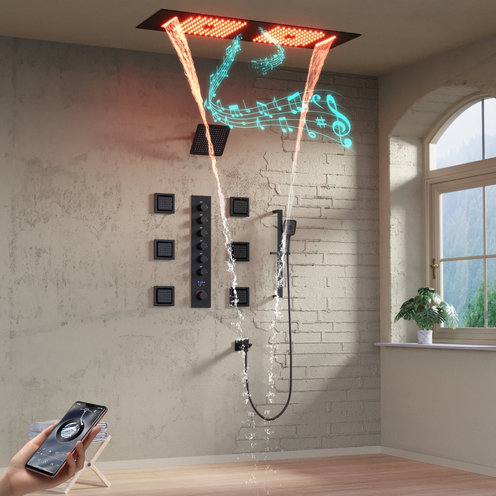 35" Smart Wall-Mounted Bluetooth Shower System with Thermostatic Control and Multi-Function Nozzles