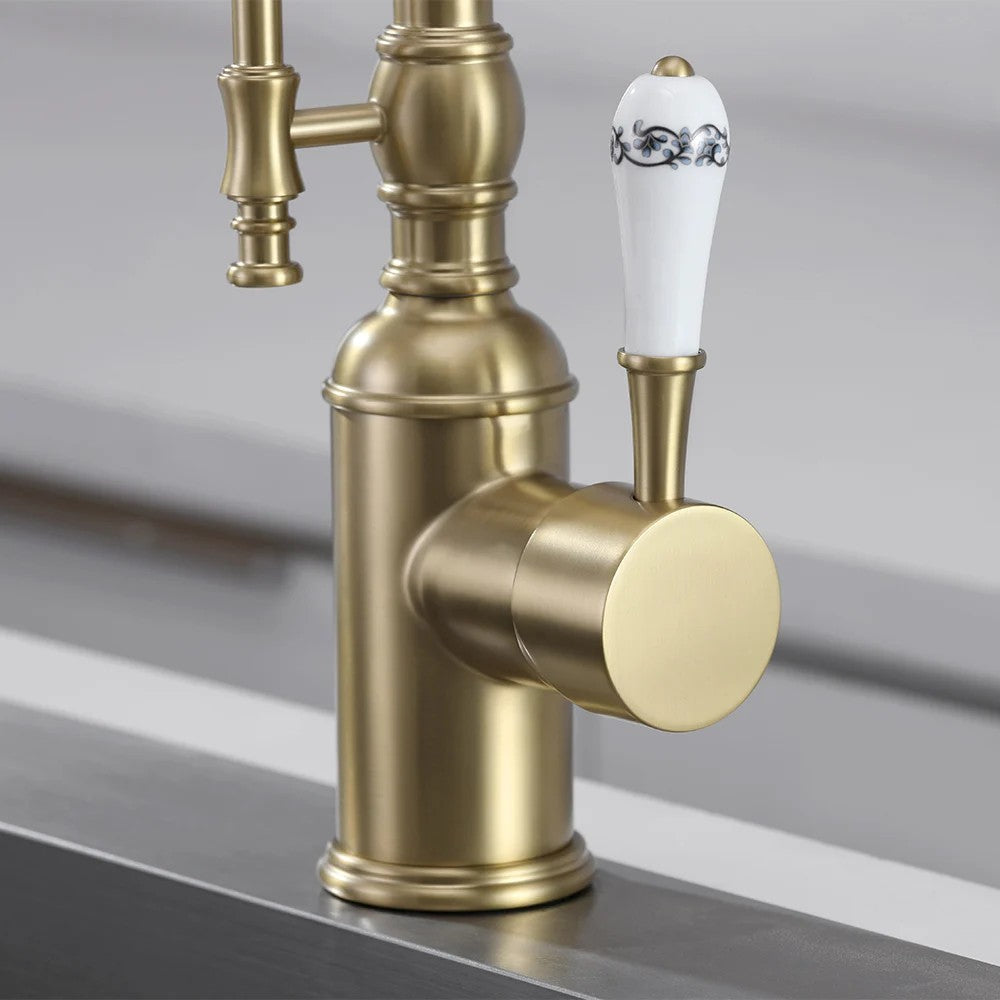 Solid Brass Kitchen Faucet with High Arc, Dual-Mode Pull-Down and Porcelain Handle
