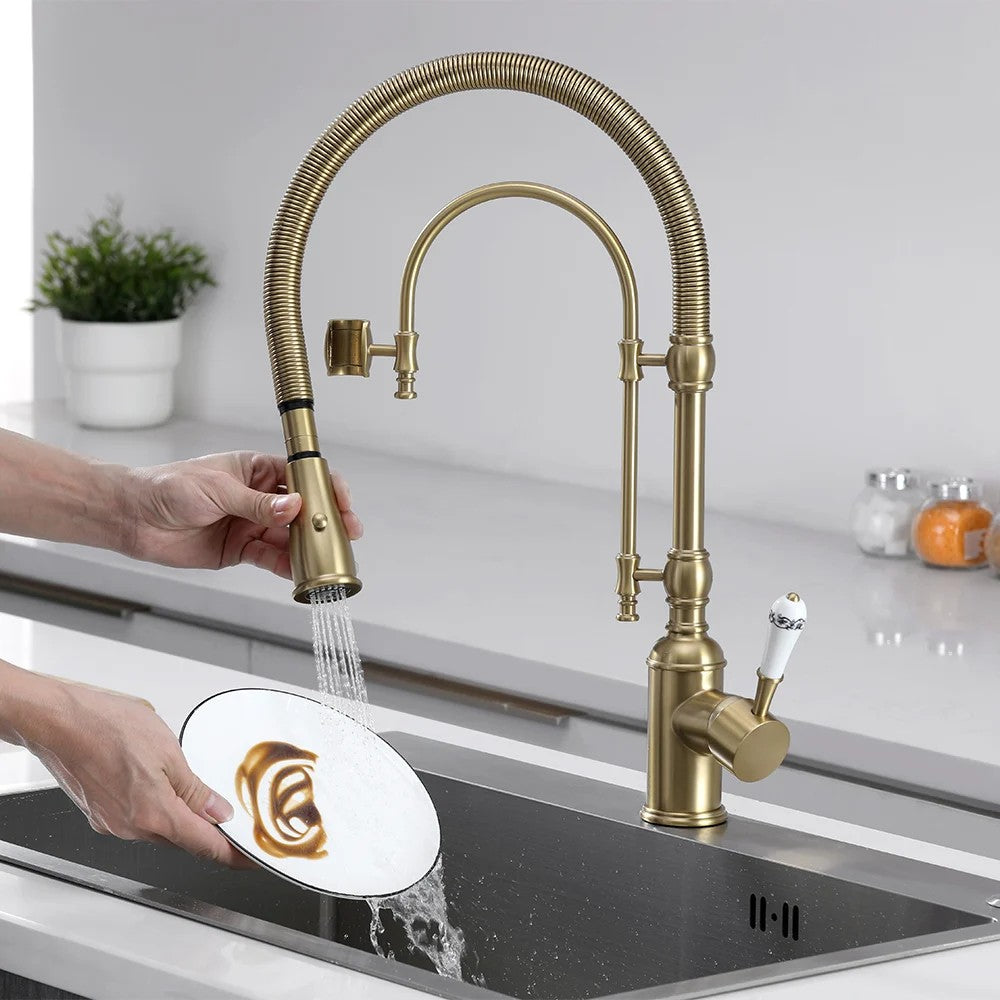 Solid Brass Kitchen Faucet with High Arc, Dual-Mode Pull-Down and Porcelain Handle
