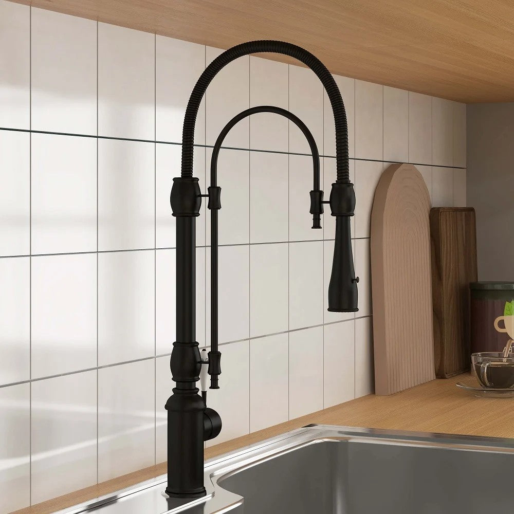 Solid Brass Kitchen Faucet with High Arc, Dual-Mode Pull-Down and Porcelain Handle