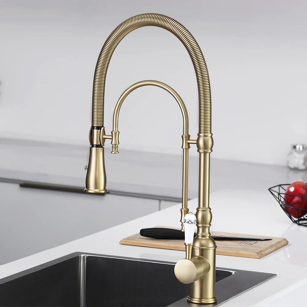 Solid Brass Kitchen Faucet with High Arc, Dual-Mode Pull-Down and Porcelain Handle