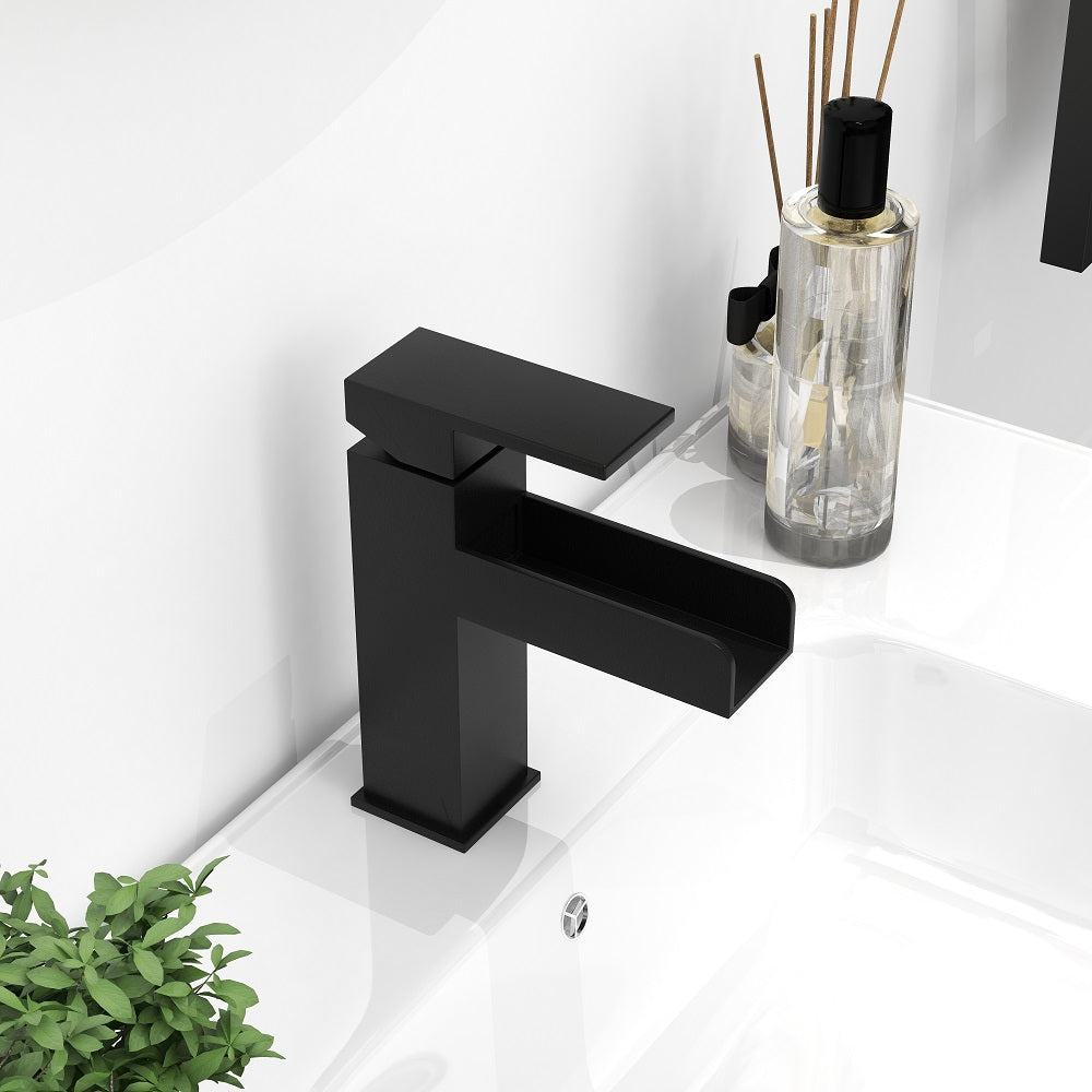 Stylish Black Finish Waterfall 1-Hole Single-Handle Sink Faucet, Made of Solid Brass