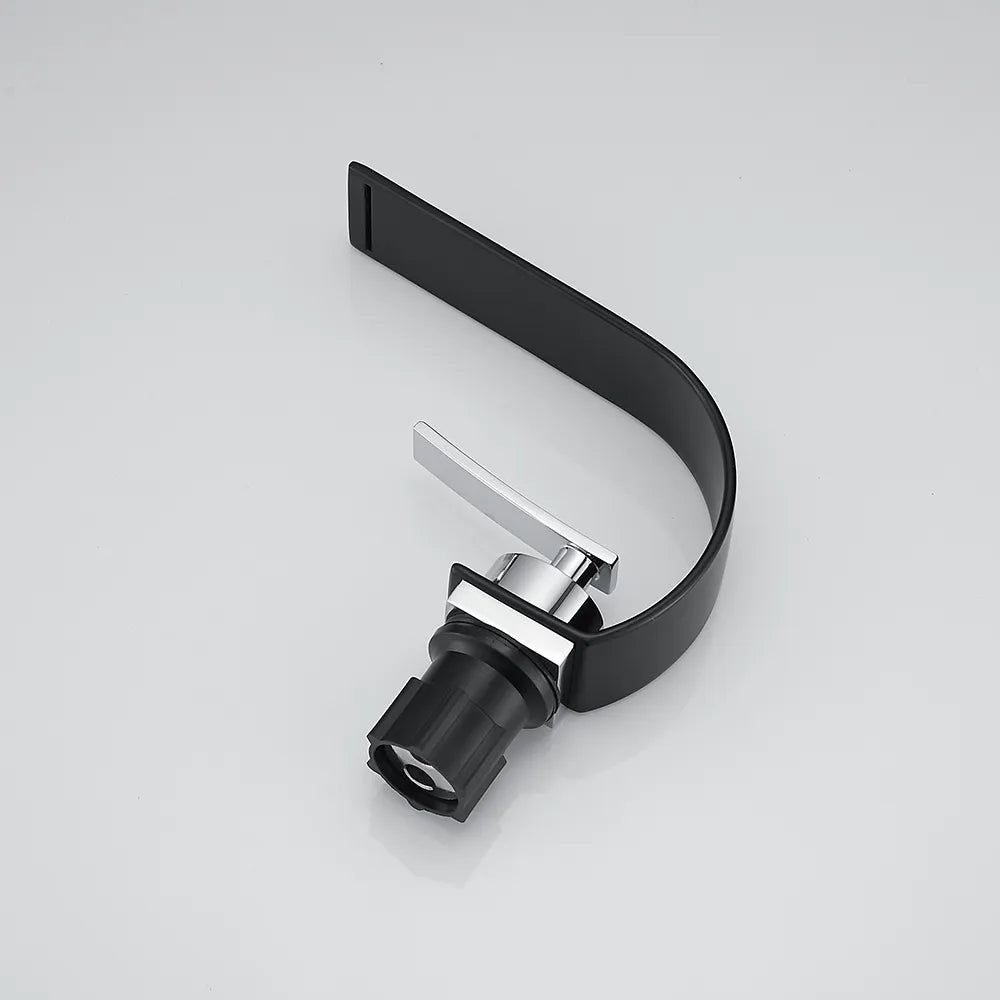Black & Chrome Single-Handle Waterfall Arc Sink Faucet, Solid Brass