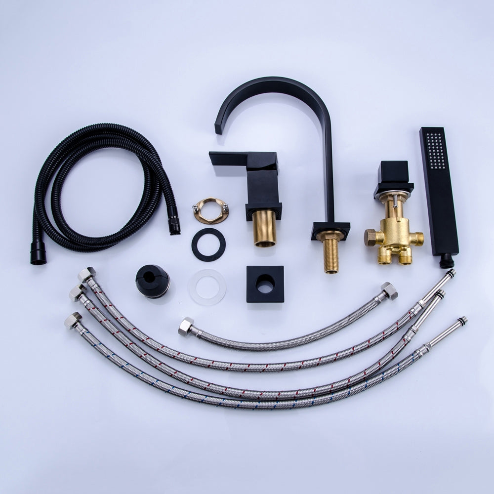 Modern 4-Hole Roman Tub Faucet with Double Handles & Hand Shower, Solid Brass