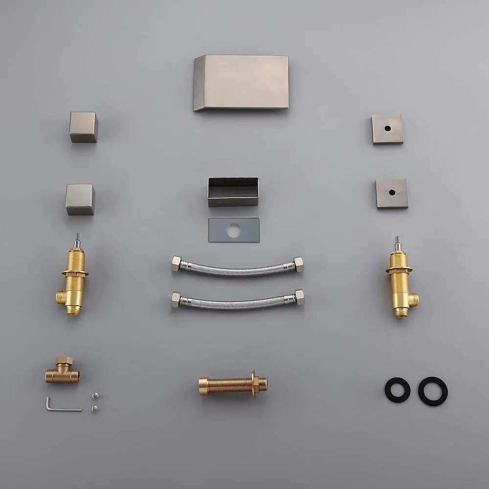 Brushed Nickel Widespread Bathroom Sink Faucet with Square Waterfall Spout and Double Handles