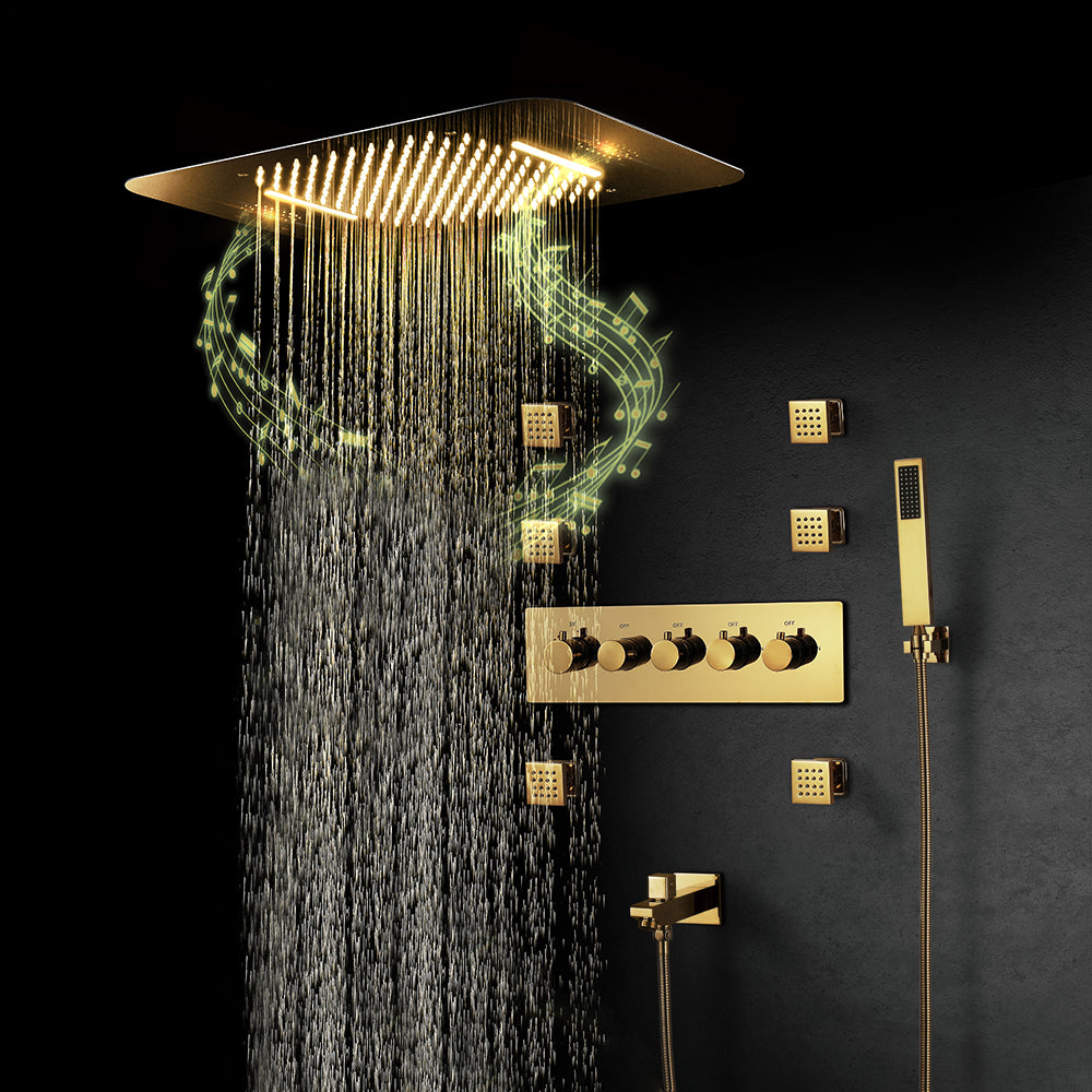 23" Gold Thermostatic Wall-Mounted Shower System with Four Functions