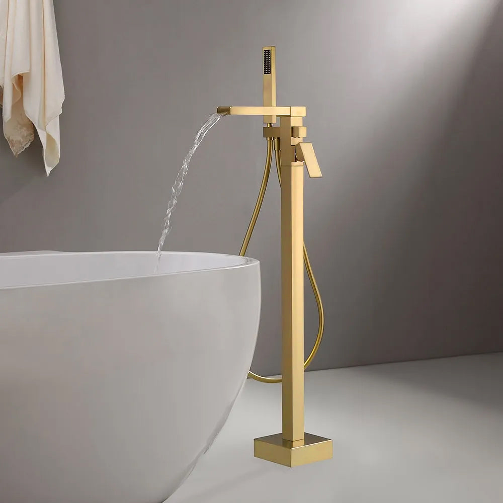 Modern Waterfall Tub Filler Faucet with Handheld Spray, Solid Brass in Brushed Gold