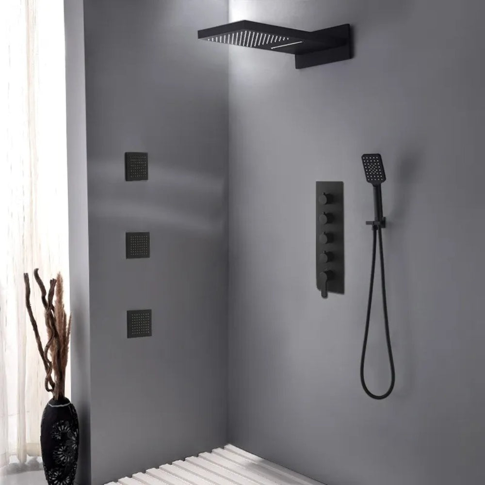 Matte Black Wall-Mounted Thermostatic Shower System with Waterfall and 3 Body Sprays
