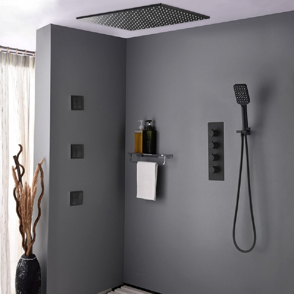 20" Black Thermostatic Shower System Featuring Handheld Shower and Three Body Jets