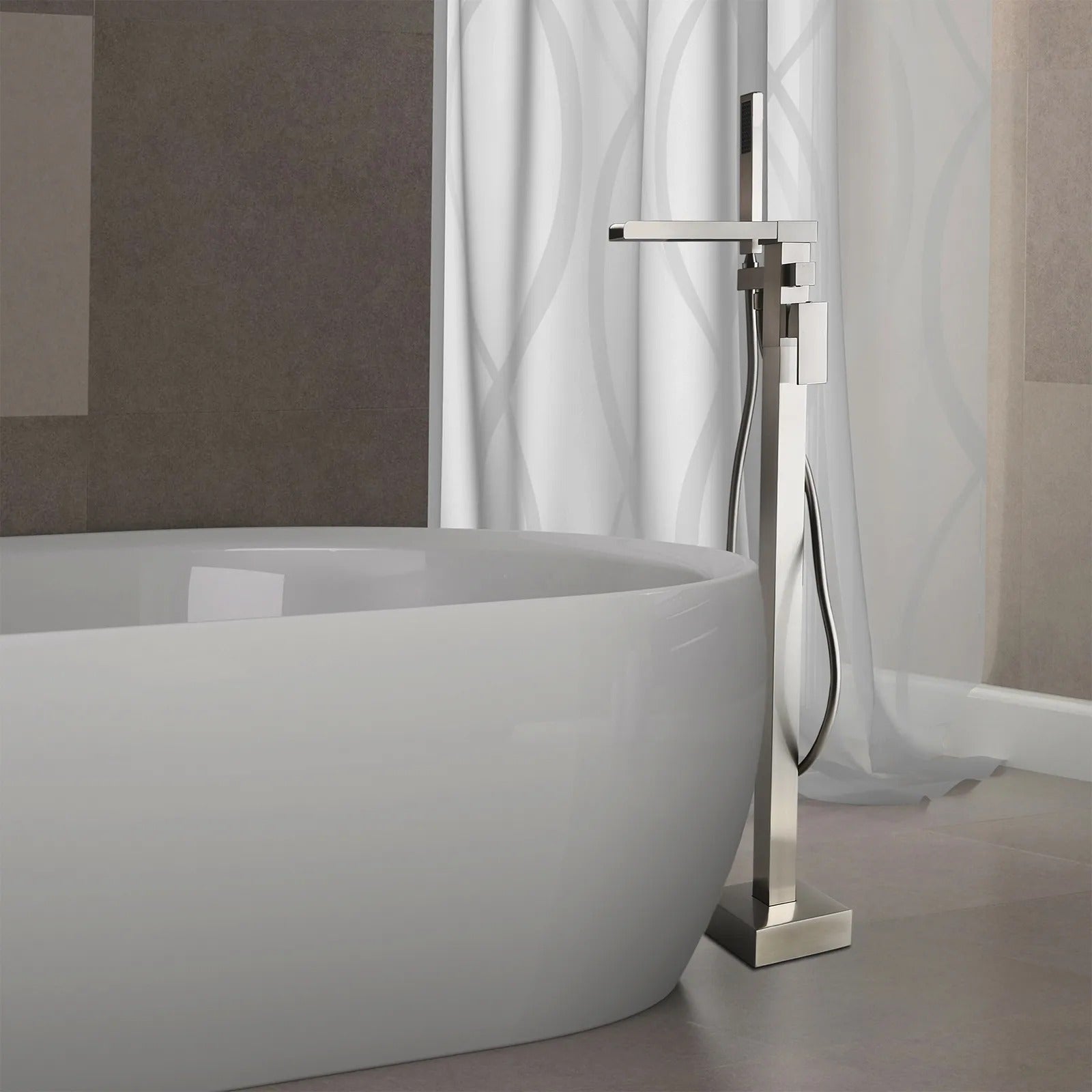 Modern Waterfall Tub Filler Faucet with Handheld Spray, Solid Brass in Brushed Gold