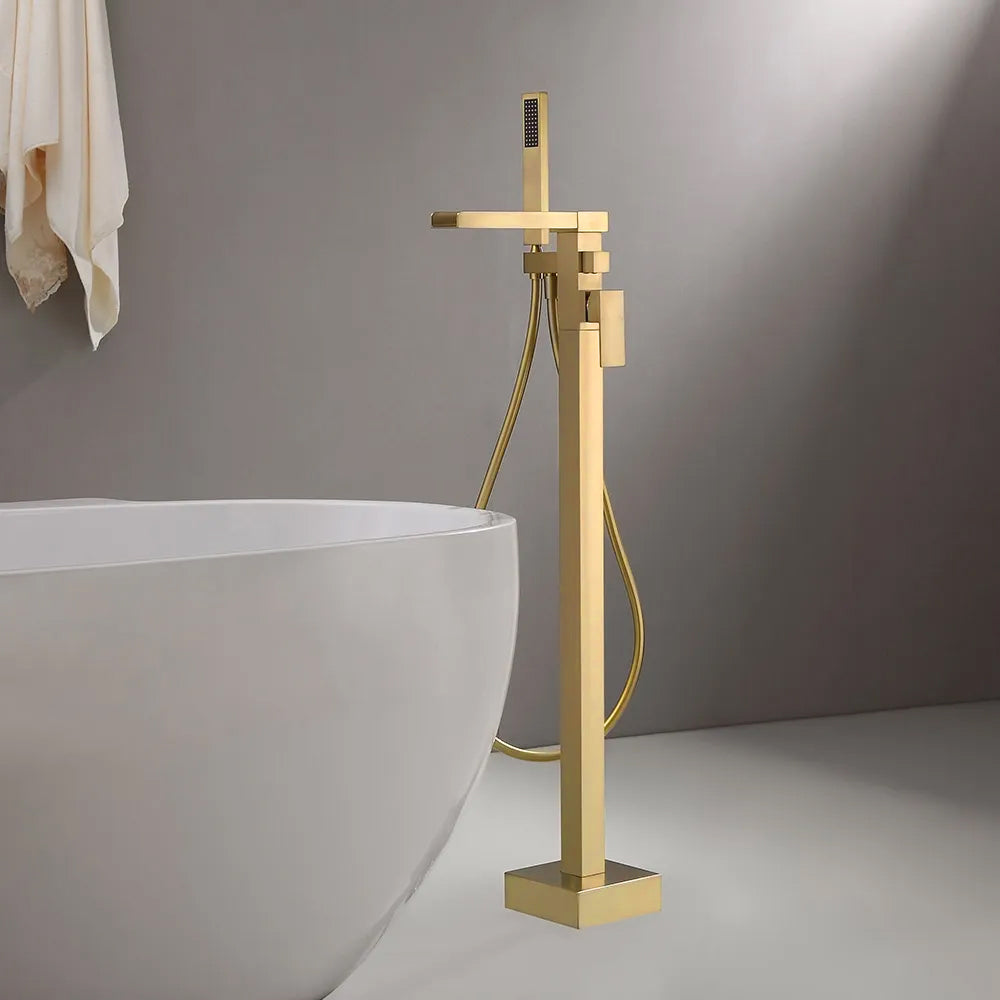 Modern Waterfall Tub Filler Faucet with Handheld Spray, Solid Brass in Brushed Gold