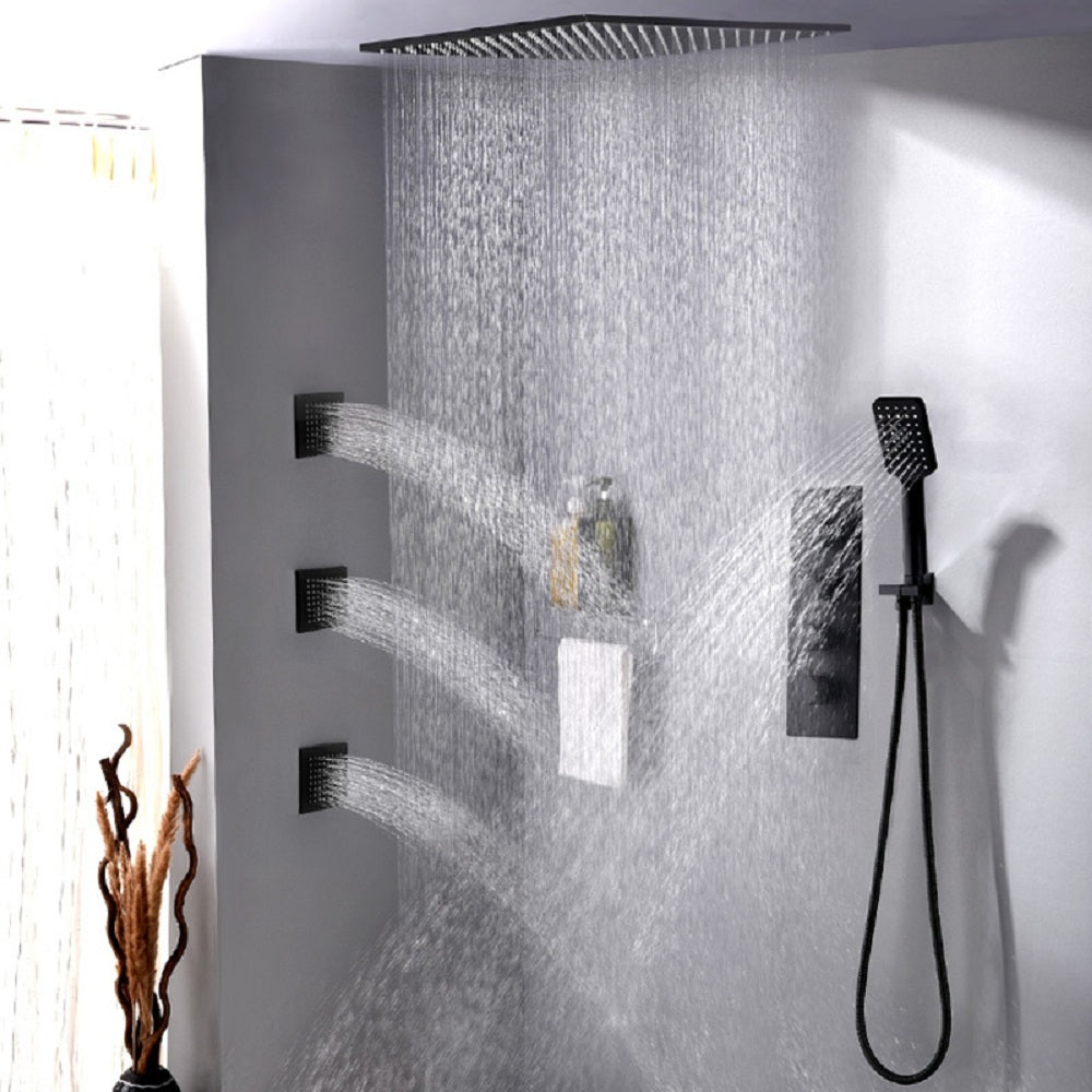 20" Black Thermostatic Shower System Featuring Handheld Shower and Three Body Jets