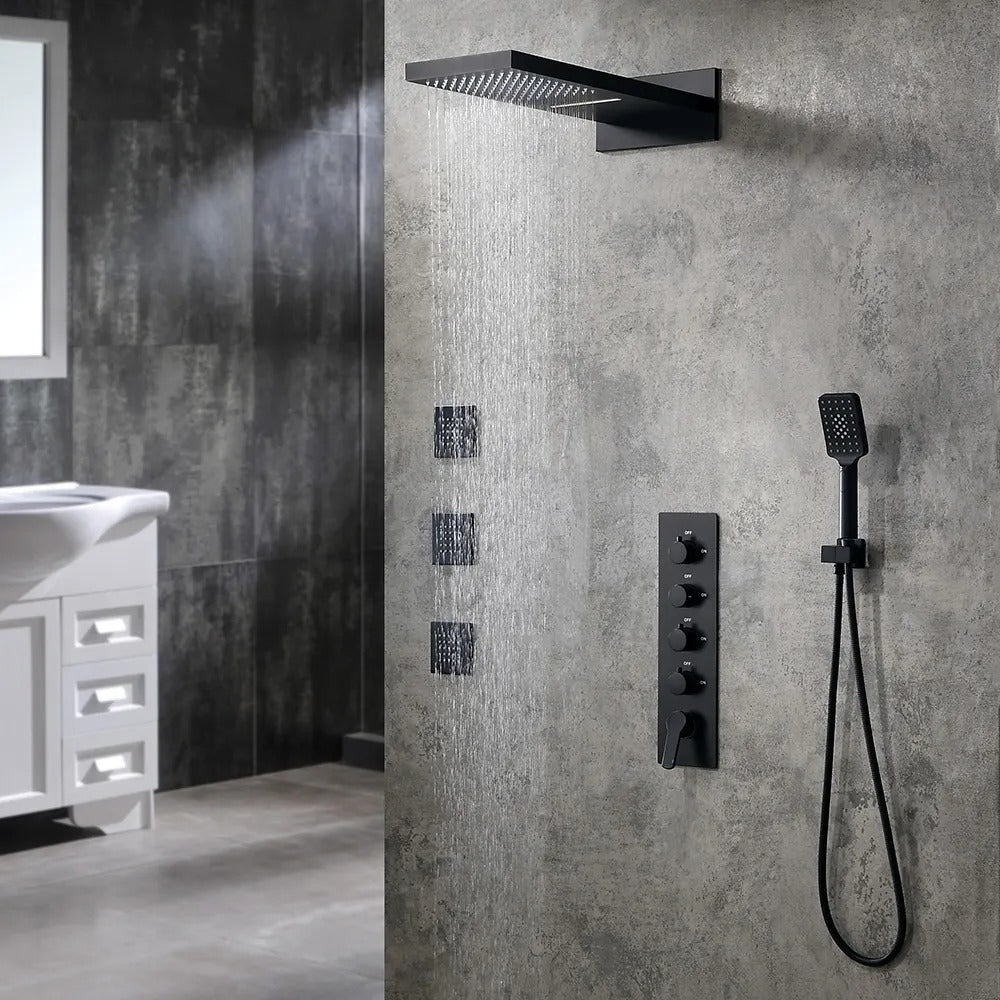 Matte Black Wall-Mounted Thermostatic Shower System with Waterfall and 3 Body Sprays