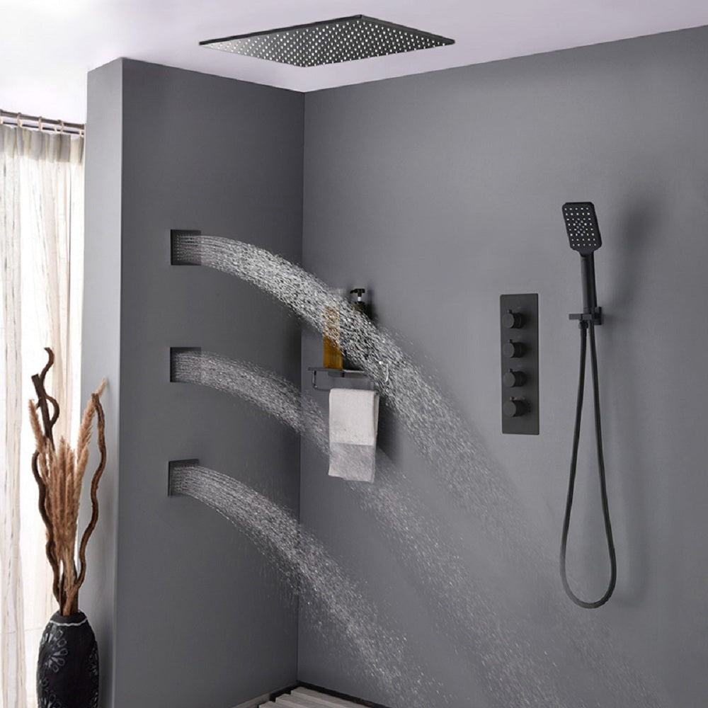 20" Black Thermostatic Shower System Featuring Handheld Shower and Three Body Jets