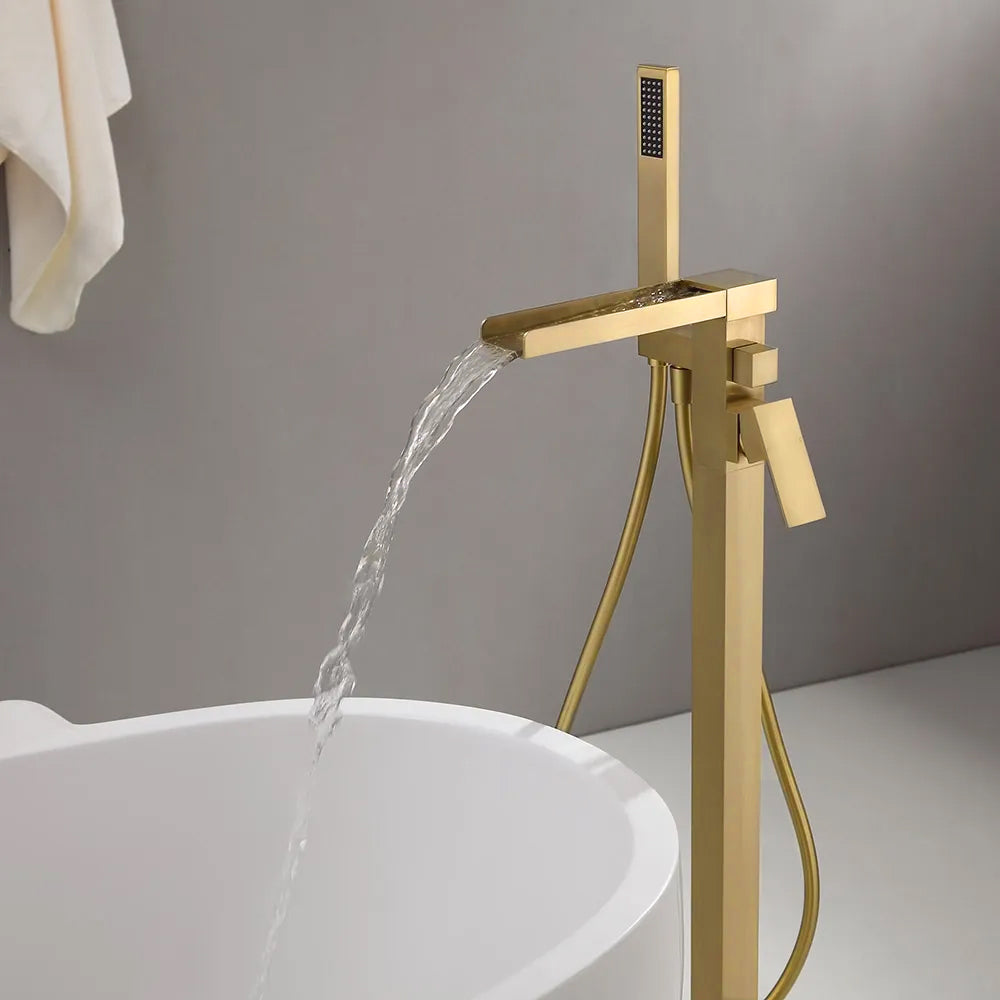 Modern Waterfall Tub Filler Faucet with Handheld Spray, Solid Brass in Brushed Gold