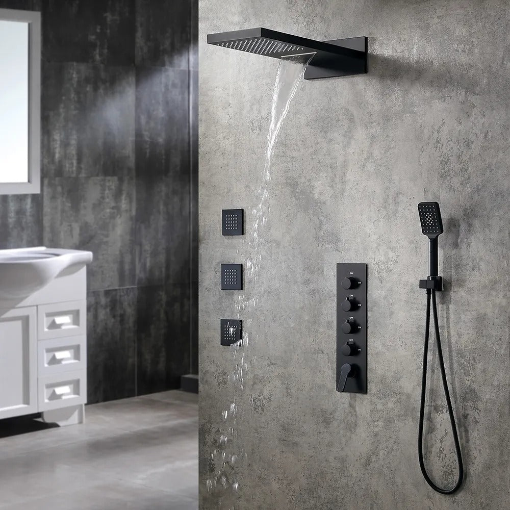Matte Black Wall-Mounted Thermostatic Shower System with Waterfall and 3 Body Sprays