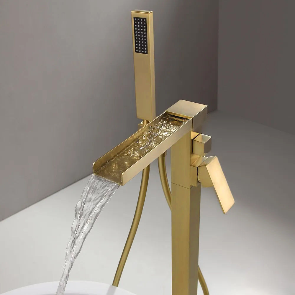 Modern Waterfall Tub Filler Faucet with Handheld Spray, Solid Brass in Brushed Gold