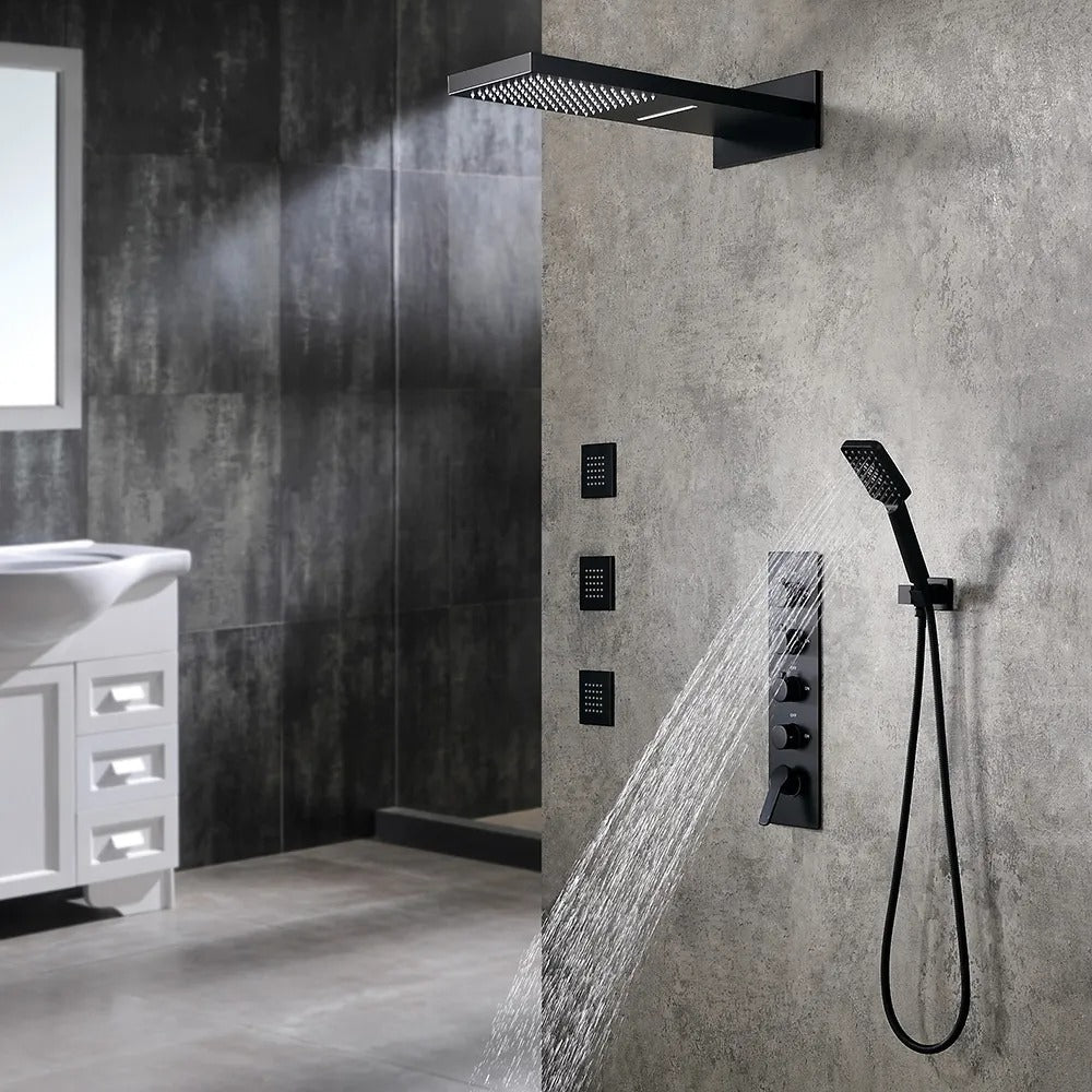 Matte Black Wall-Mounted Thermostatic Shower System with Waterfall and 3 Body Sprays