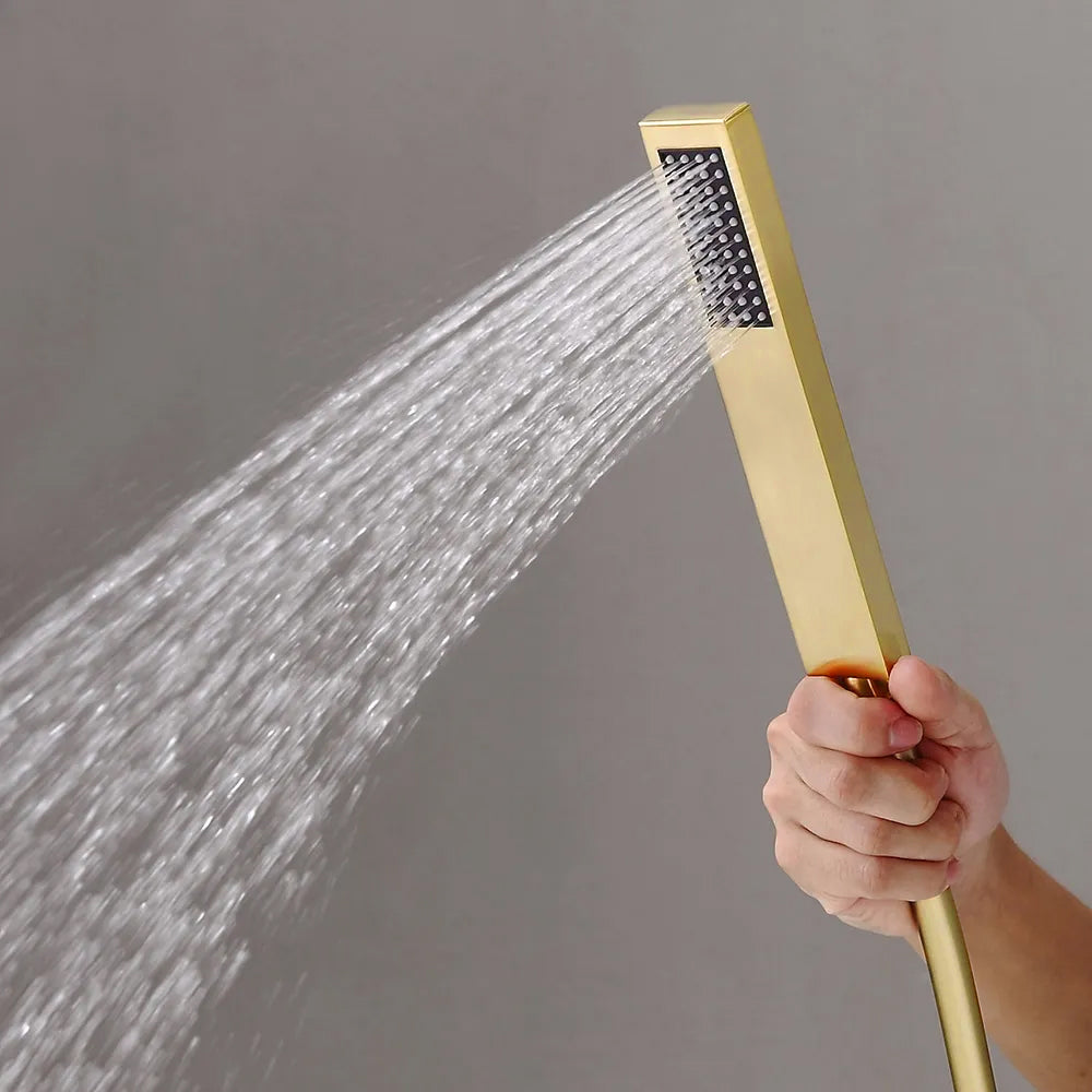 Modern Waterfall Tub Filler Faucet with Handheld Spray, Solid Brass in Brushed Gold