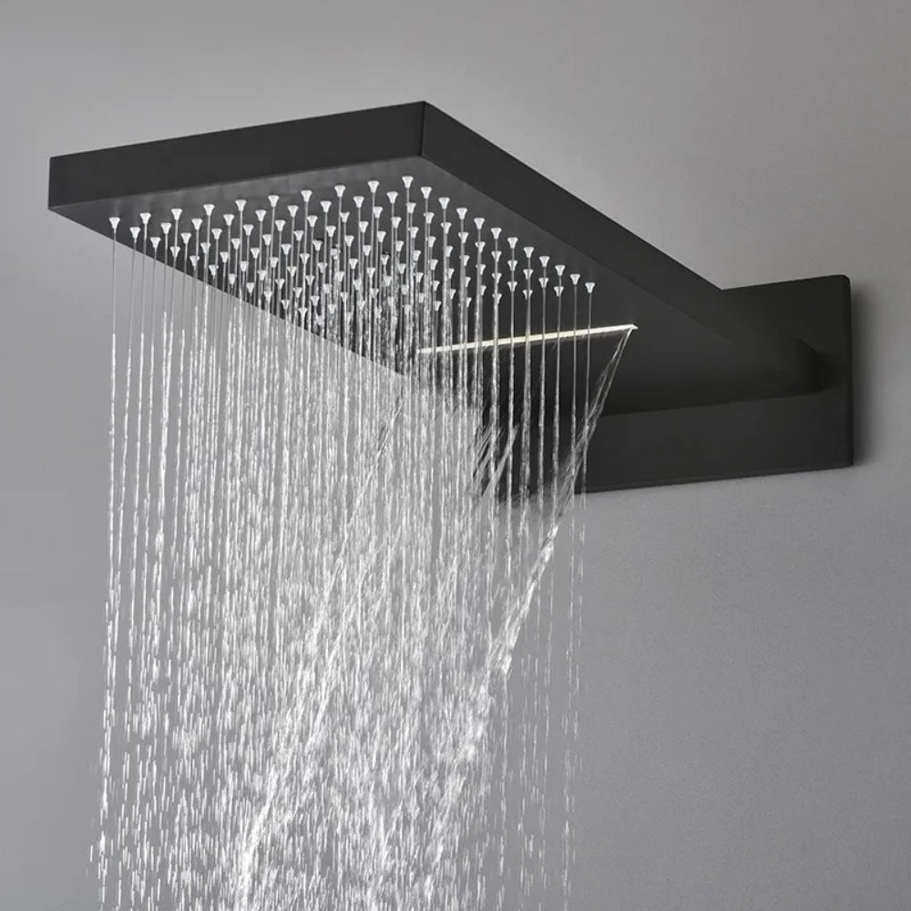 Matte Black Wall-Mounted Thermostatic Shower System with Waterfall and 3 Body Sprays