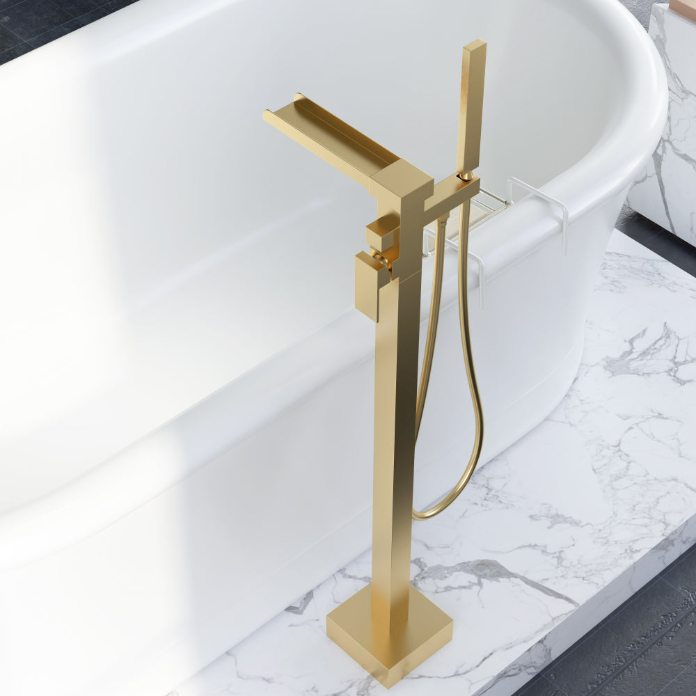 Modern Waterfall Tub Filler Faucet with Handheld Spray, Solid Brass in Brushed Gold