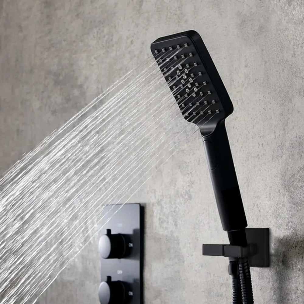 Matte Black Wall-Mounted Thermostatic Shower System with Waterfall and 3 Body Sprays