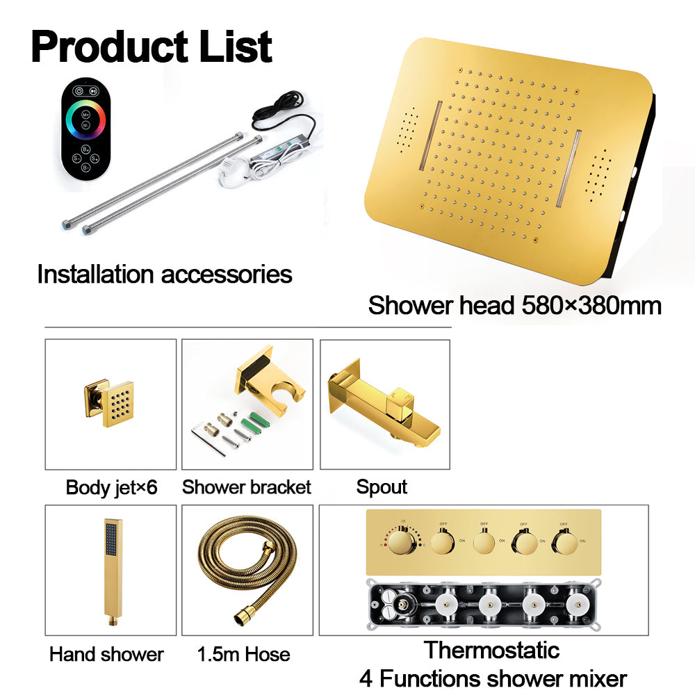 23" Gold Thermostatic Wall-Mounted Shower System with Four Functions