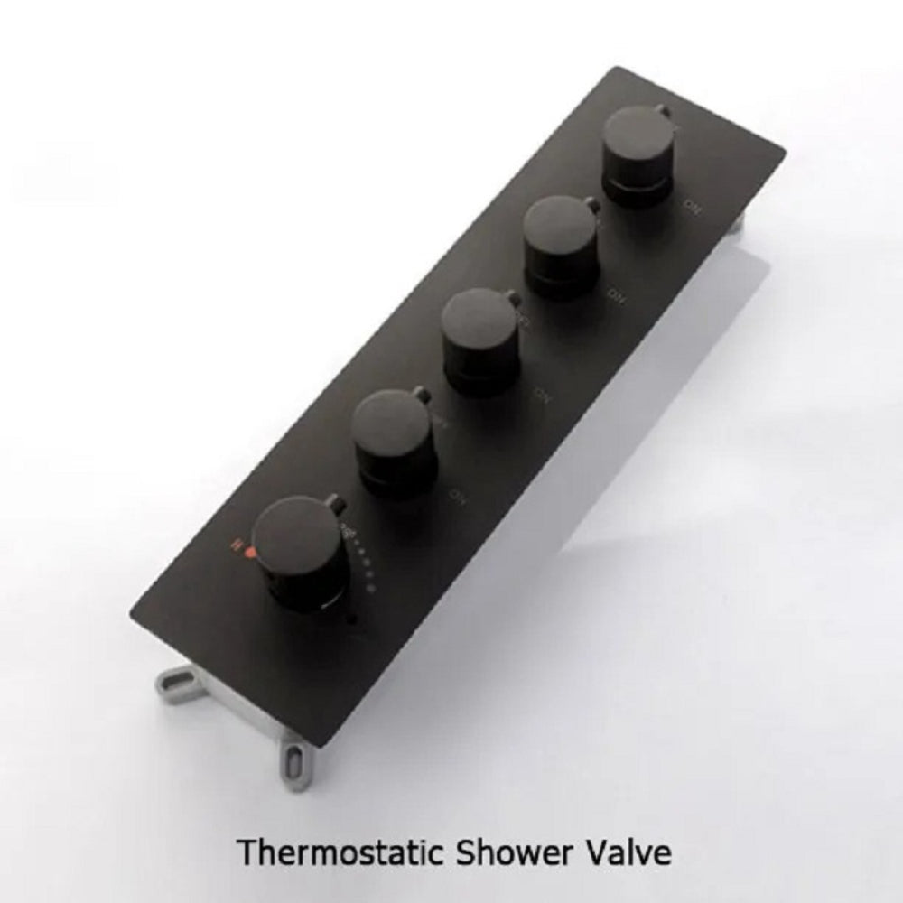 Matte Black Wall-Mounted Thermostatic Shower System with Waterfall and 3 Body Sprays