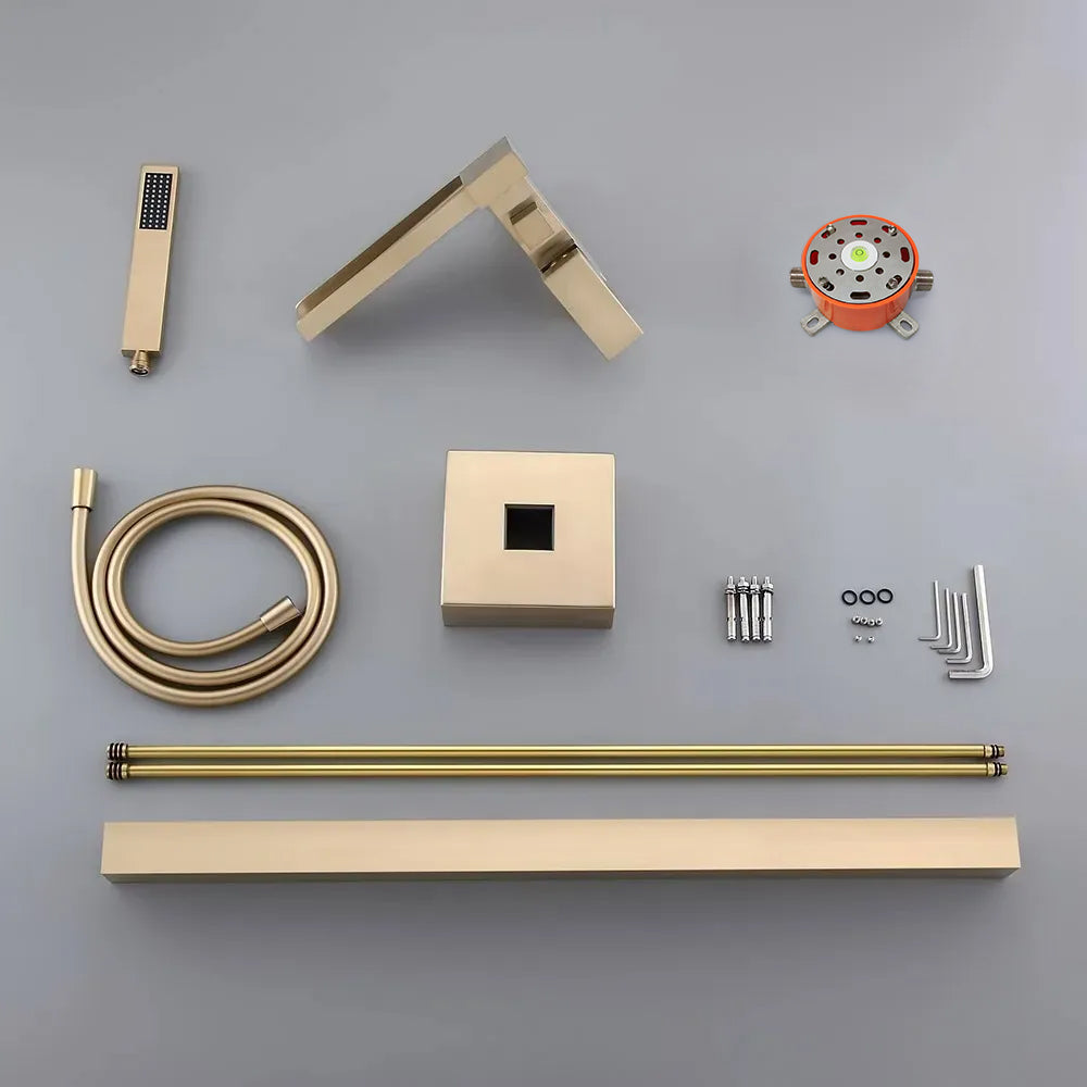 Modern Waterfall Tub Filler Faucet with Handheld Spray, Solid Brass in Brushed Gold