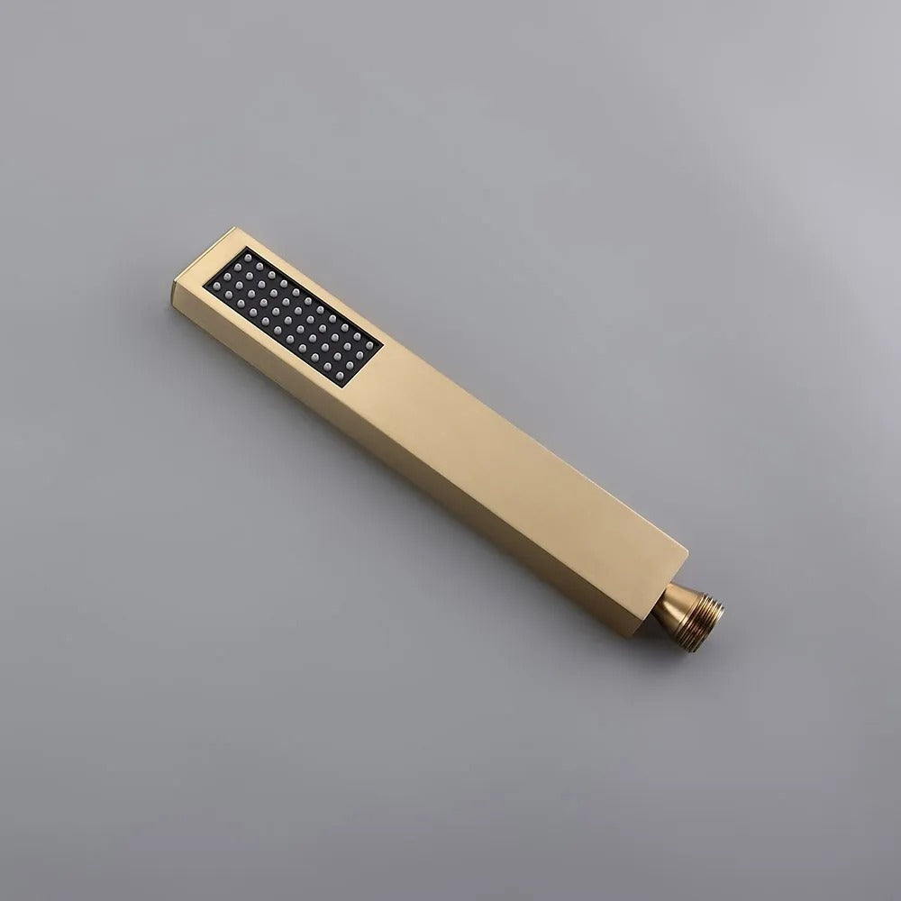 Modern Waterfall Tub Filler Faucet with Handheld Spray, Solid Brass in Brushed Gold