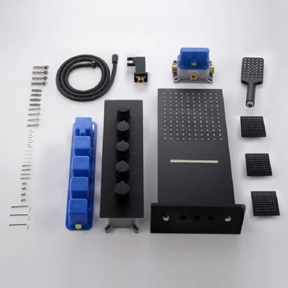 Matte Black Wall-Mounted Thermostatic Shower System with Waterfall and 3 Body Sprays