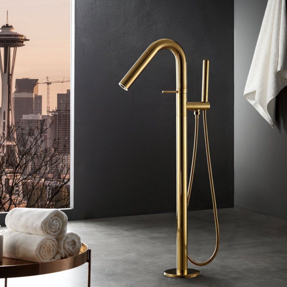 Modern Freestanding Floor-Mounted Tub Faucet with Handheld Shower, Gold Tub Filler