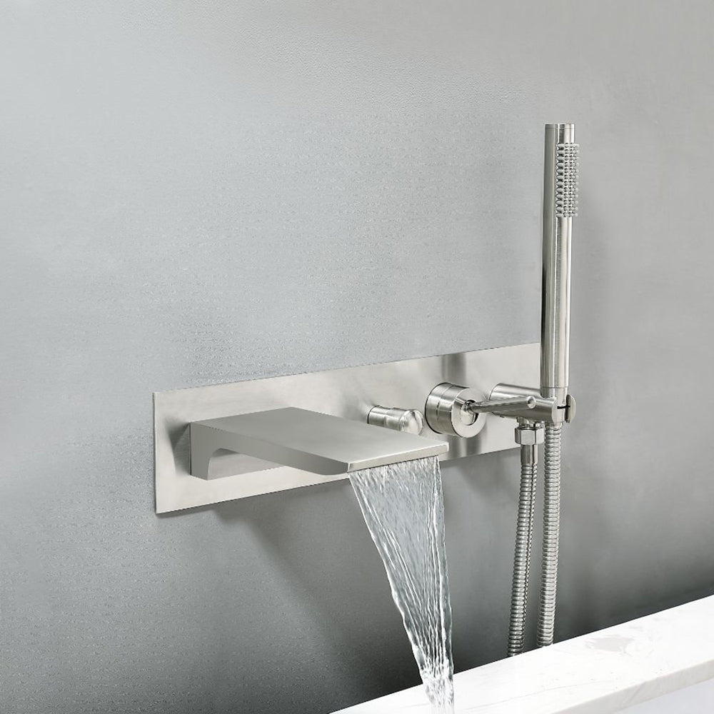 Modern Waterfall Wall-Mounted Tub Filler Faucet with Hand Shower, Brushed Gold