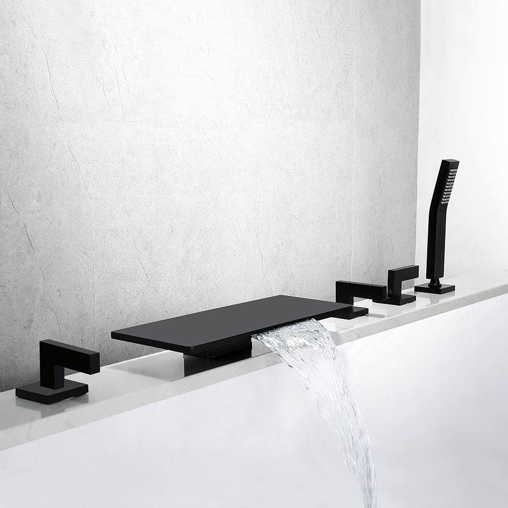 Modern Waterfall Deck-Mounted Bathtub Faucet with Hand Shower, Black Tub Filler