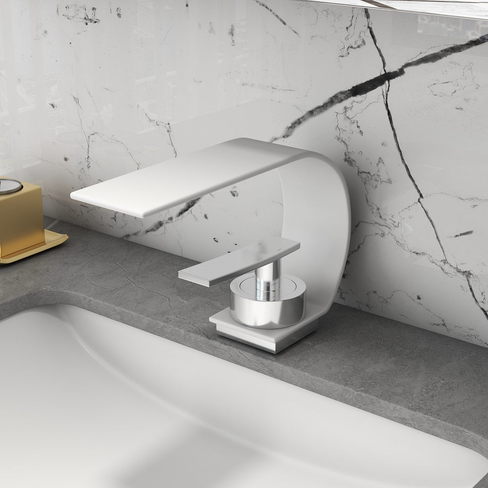 Black & Chrome Single-Handle Waterfall Arc Sink Faucet, Solid Brass