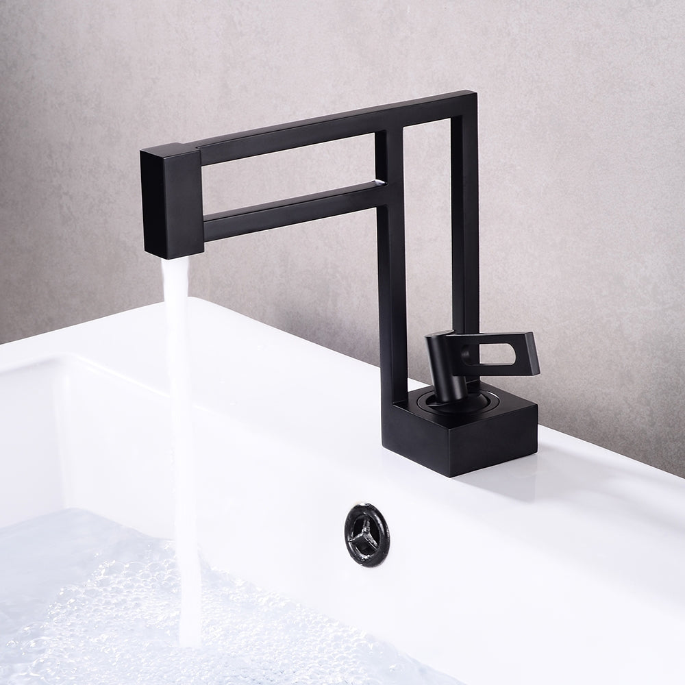 Single-Handle Black Geometric Sink Faucet, Single-Hole Solid Brass, Architectural Design