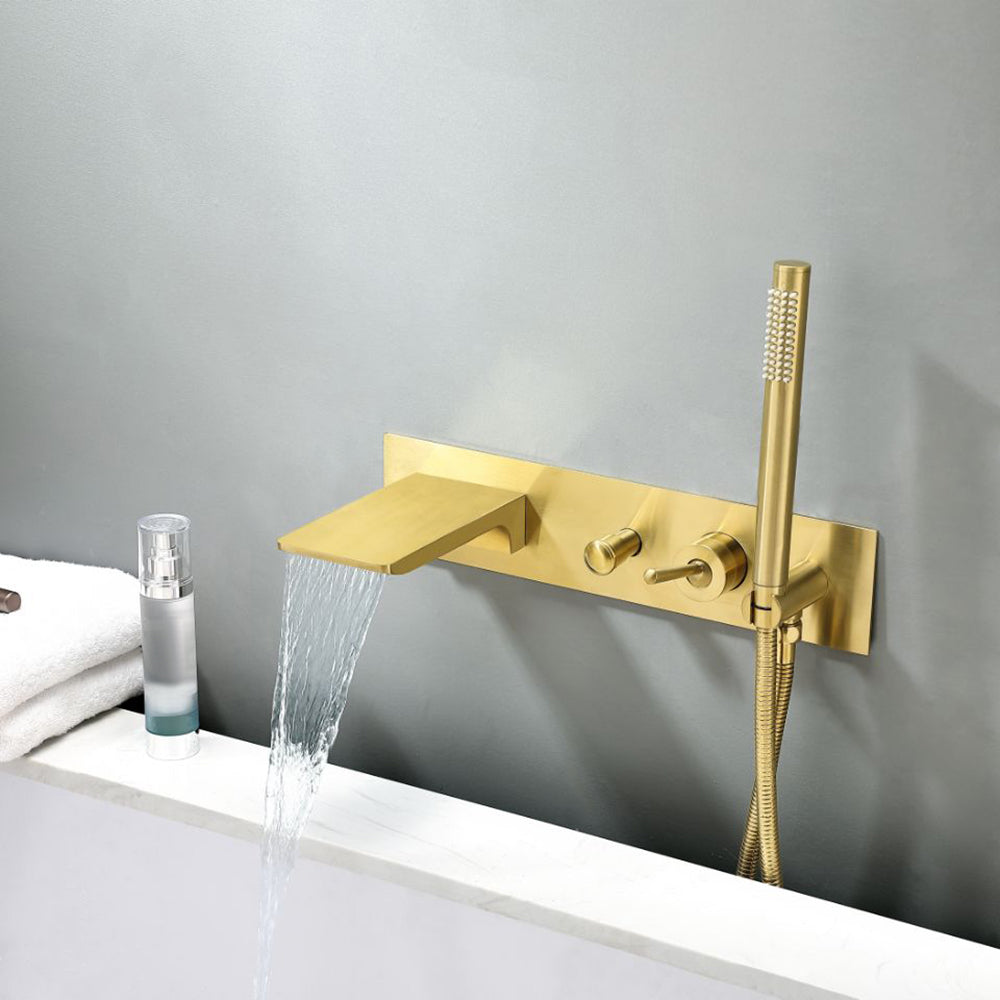 Modern Waterfall Wall-Mounted Tub Filler Faucet with Hand Shower, Brushed Gold