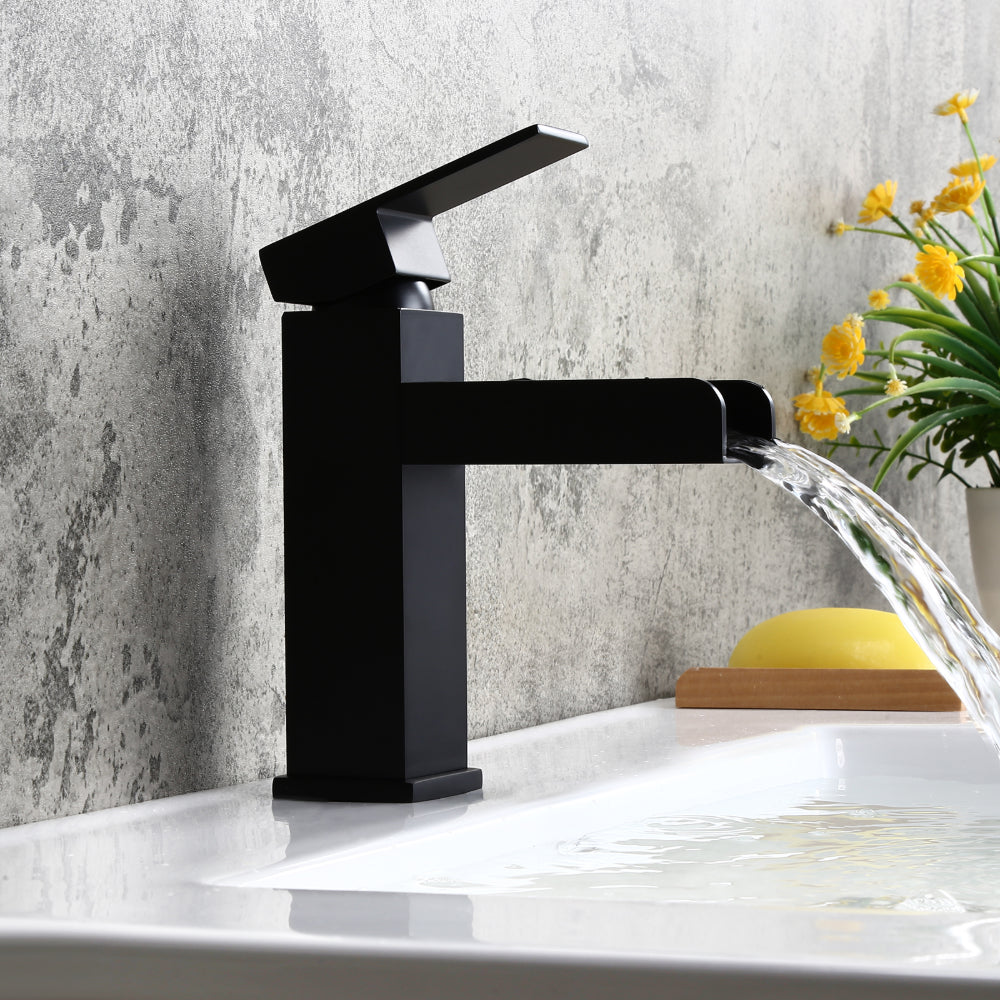 Stylish Black Finish Waterfall 1-Hole Single-Handle Sink Faucet, Made of Solid Brass