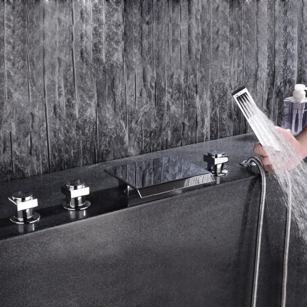 Contemporary Waterfall Deck-Mount Roman Tub Faucet with Hand Shower, Chrome